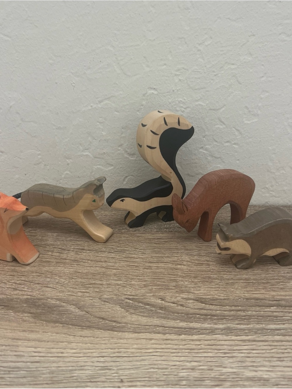 Set of 5 German Ostheimer Wooden Toy Woodland Animals Skunk Raccoon Deer Fox Cat